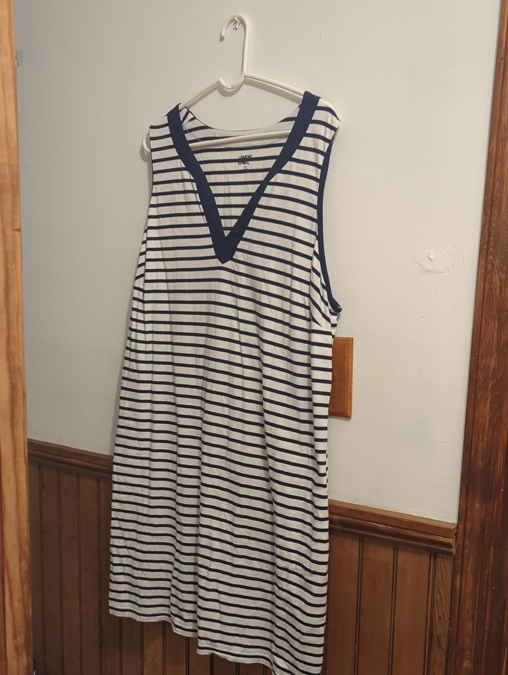 Lands End  Striped V-Neck Sleeveless Dress - White & Navy